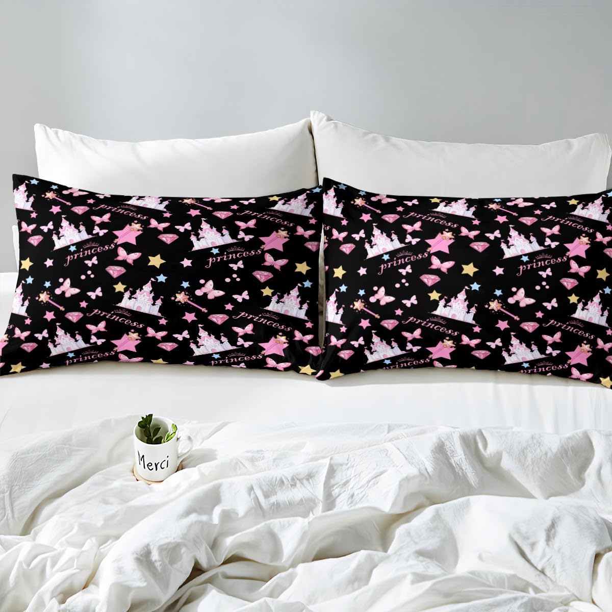 Feelyou Girls Princess Fitted Sheet with 1 Pillowcase Twin Size Cartoon Castle Bed Sheets Set 16" Deep Pocket Boys Girls Pink Butterfly Bedding Magic Teens Bedroom Decor