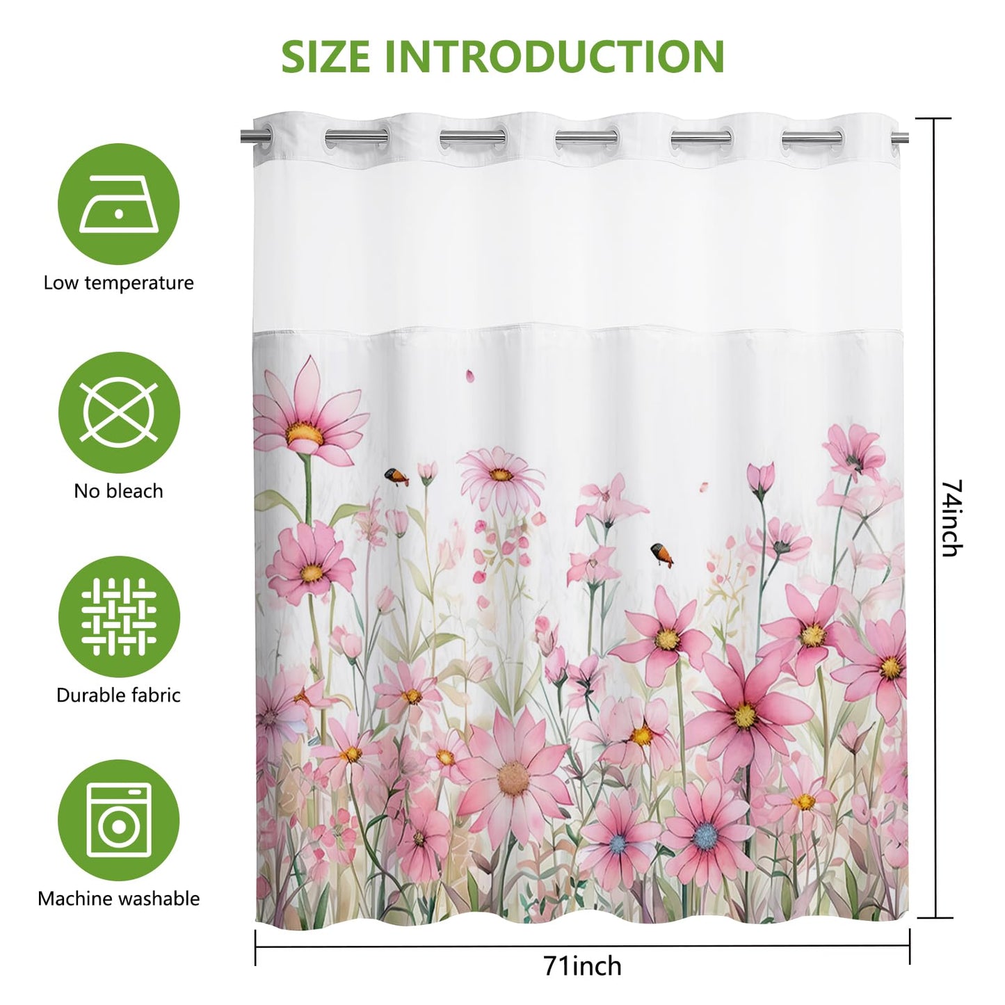 MEHOFOND Pink Flower No Hook Shower Curtain with Snap in Liner, Spring Watercolor Floral Plant Shower Curtain,See Through Mesh Top Window,Waterproof Fabric Flowers Hotel Shower Curtain Set 71" x 74"