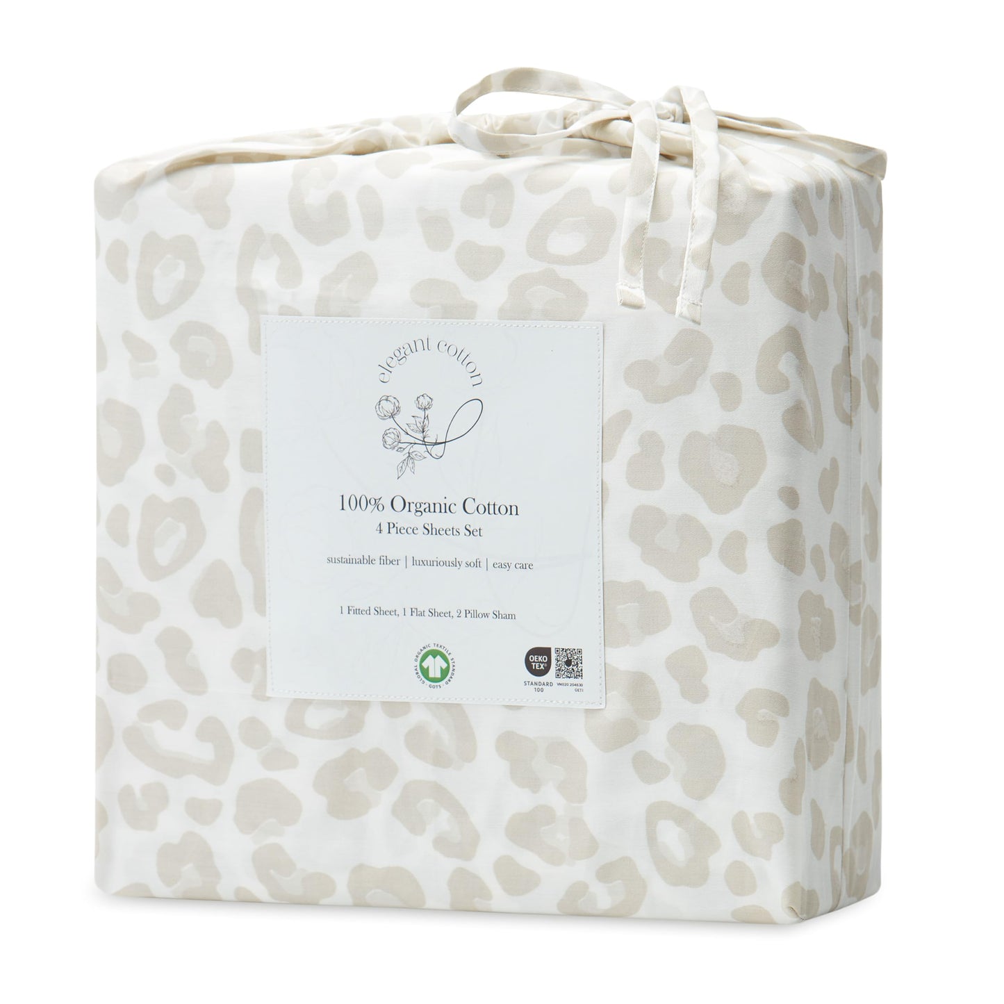Elegant Cotton 100% Pure Organic Cotton Sheets Set King Size - Leopard Beige Pattern Print Super Soft Sheet - 4 Piece Set - Fitted Sheet, Flat Sheet & 2 Pillow Covers - King