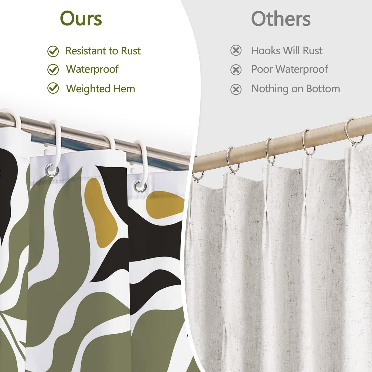 Olive Green and Black Abstract Leaf Shower Curtain, Modern Boho Plant Botanical Pattern Bathroom Curtains, Polyester Fabric Shower Curtain and Weighted Hem, Waterproof Washable with Hooks, 72x72 Inch