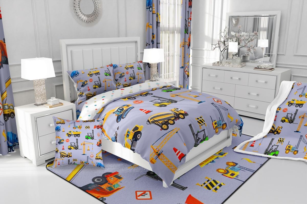 jejeloiu Excavator Comforter Set All Season Cartoon Car Bedding Set with 1 Pillow Cases Equipment Trucks Microfiber Kids Twin Bedclothes Construction Bedroom Decor Duvet Quilt Breathable Soft