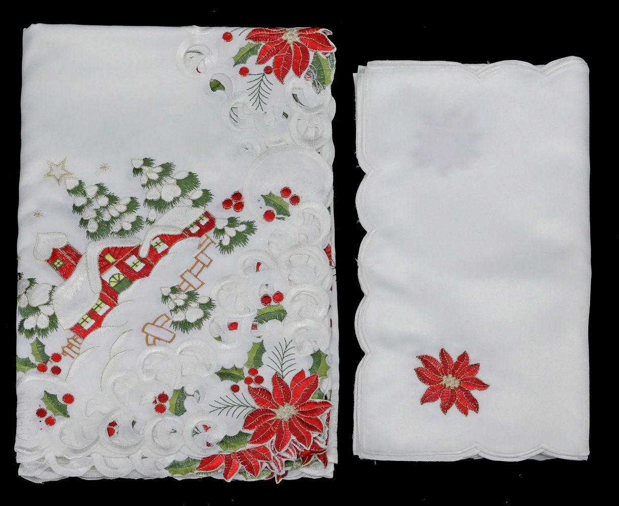 Creative Linens Holiday Christmas Tablecloth 70x104 with 12 Napkins Embroidered Red Poinsettia Christmas Tree Snowy Cabin Table Linen Rectangular White