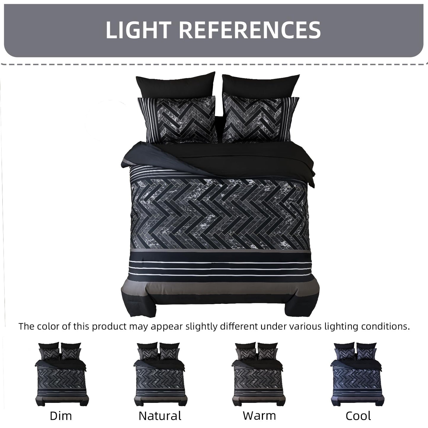 Luxudecor Black Comforter Set King Size, 7 Pieces Stripe Geometric Bed in a Bag, Geometric Comforter and Sheet Set, Soft Microfiber Complete Bedding Sets for All Seasons