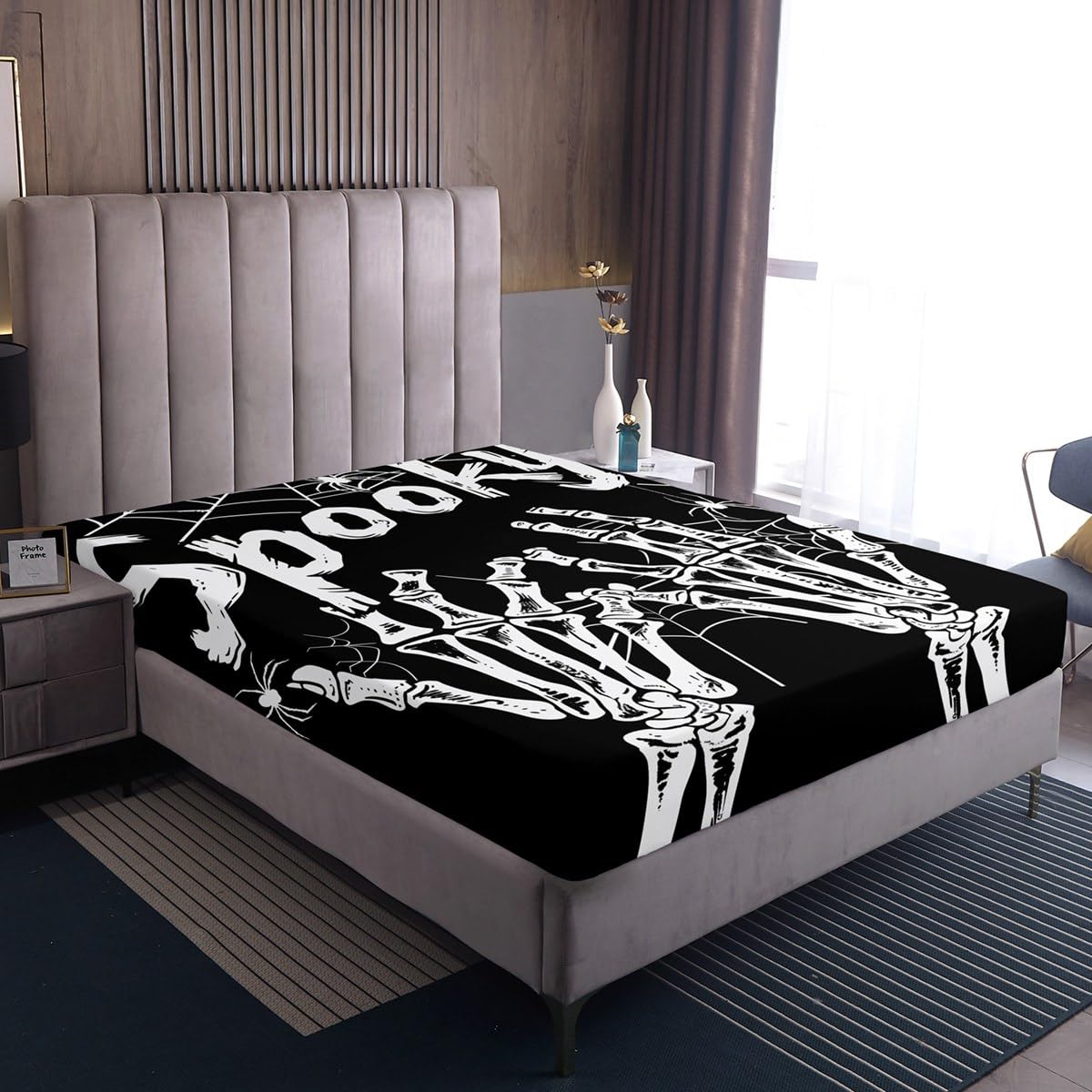 Feelyou Halloween Decor Fitted Sheet Full Size for Kids Boys Girls Skeleton Bones Bed Sheets Set 16" Deep Pocket Soft Breathable Microfiber Gothic Bedding with 2 Pillowcases Spider Web Room Decor