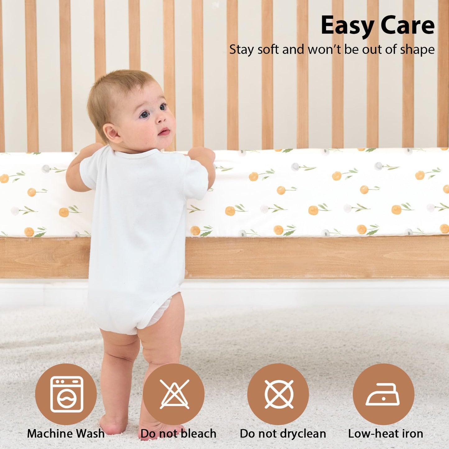 FIEMOL Baby Crib Sheets Girl, 3 Pack Toddler Bed Sheets for 52”x28” Standard Toddler Mattresses, Soft Microfiber Fitted Crib Sheets Neutral Orange Watercolor Flower