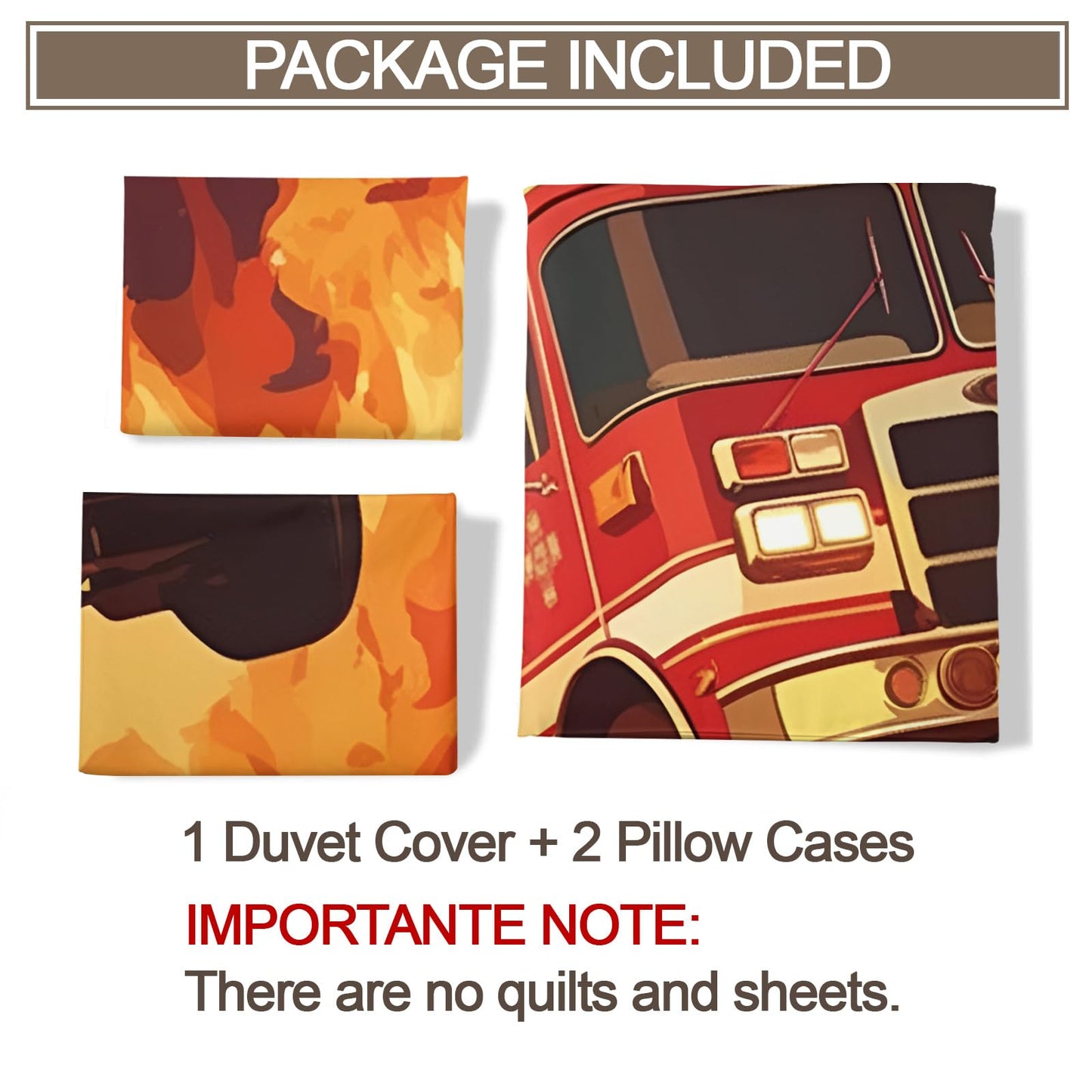 QINYUN Fire Truck Car Duvet Cover King Size, Flame Fire Engine Bedding Set 3 Piece Bedroom Decor Red Truck Patterned Comforter Cover with Zipper Ties & 2 Pillowcases