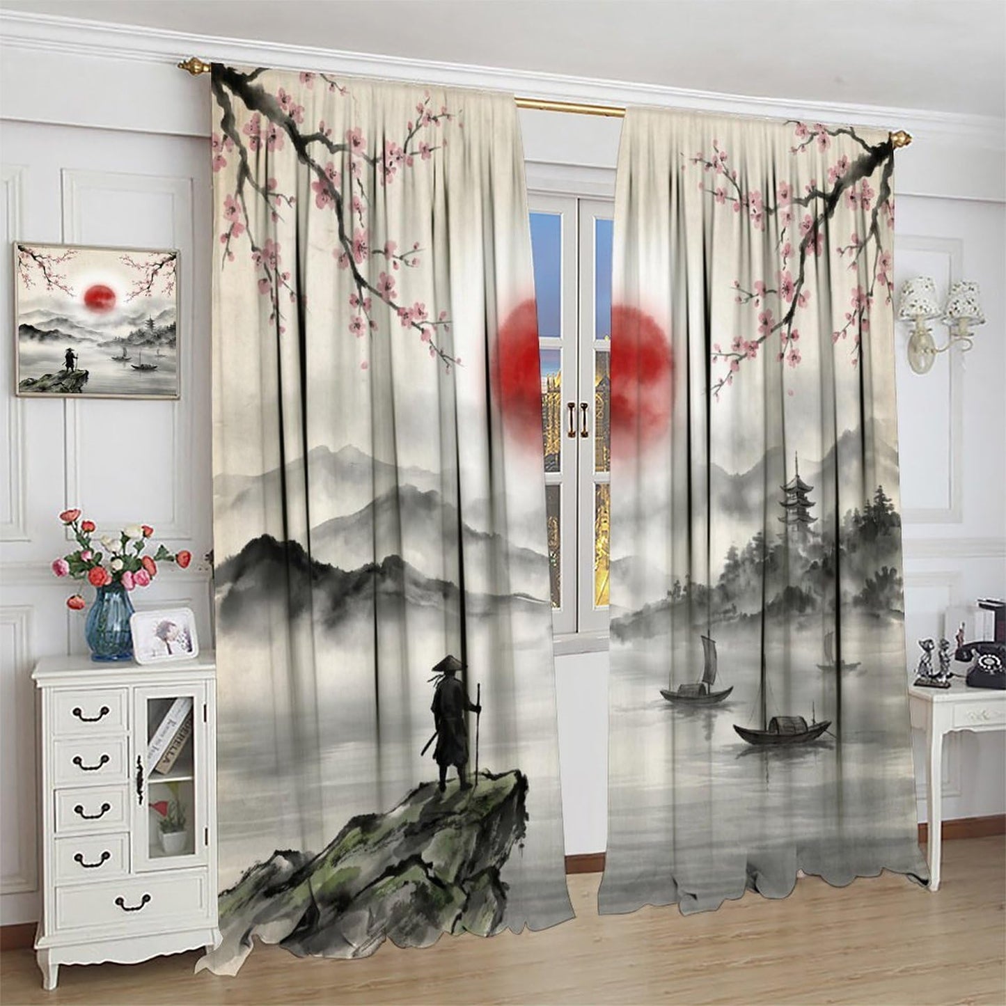 Nsbul Japanese Samurai Curtains, Ink Wash Cherry Blossom Misty Mountain Pagoda Lake Boat Oriental Window Drapes for Bedroom Living Room Home Decor, 42" W X 45" L(No Blackout