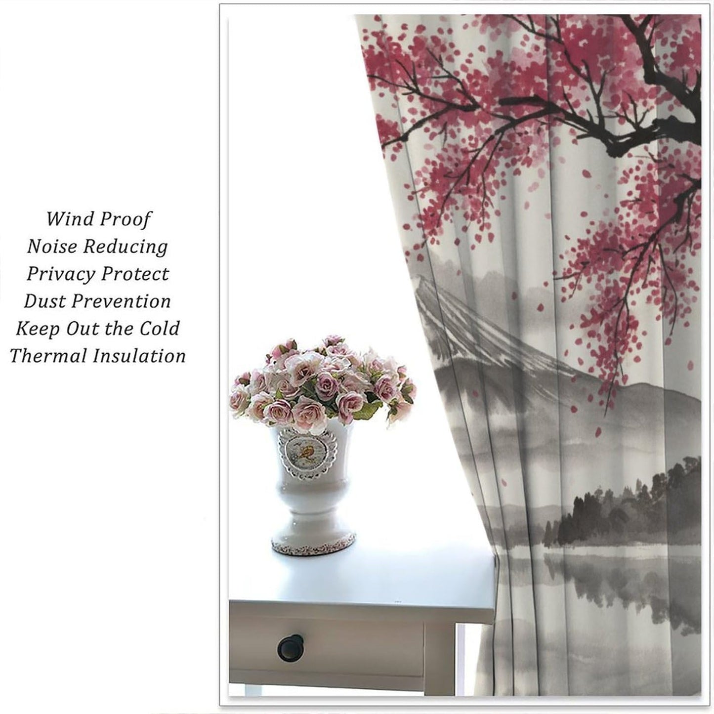 PHTAYOT Oriental Japanese Curtains Traditional Ink Painting Nature Landscape Mountains Cherry Blossoms Pattern Decor Window Treatments for Bedroom Living Room,2 Panels Set,42x45 Inch