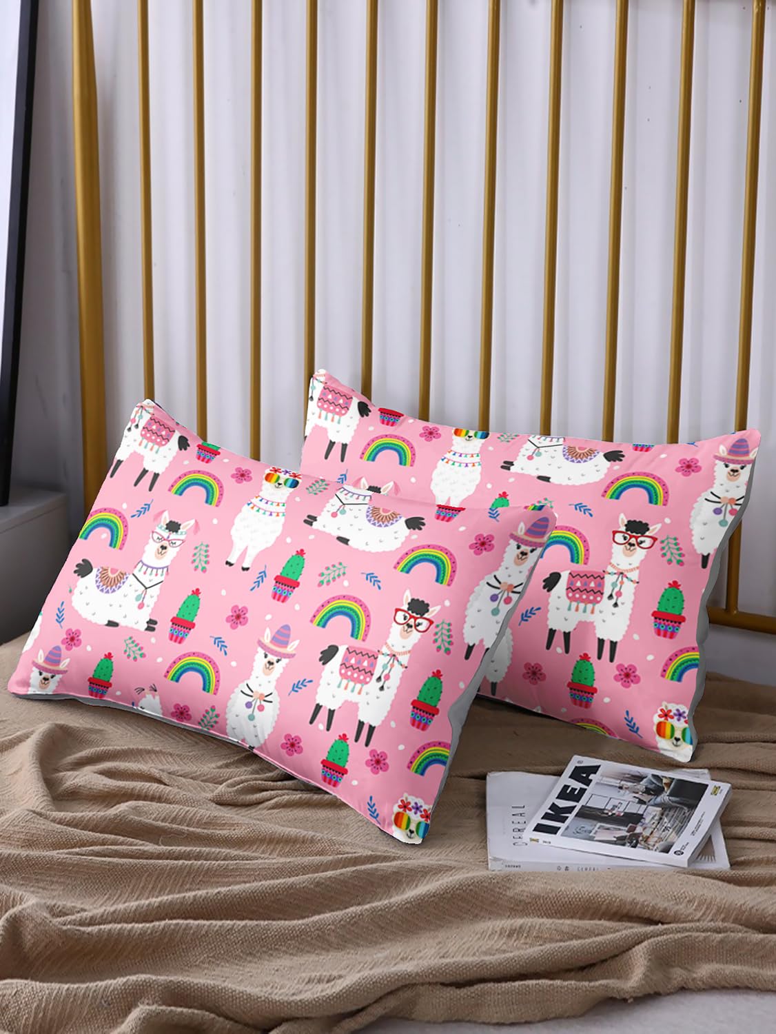 HOSIMA Kids Girls Pink Twin Fitted Sheet with 2 Pillowcases,Cute Llama Alpaca Fitted Sheet Animal Bedding Sets for Room Decor,Rainbow Cactus Flower Sheets with 15Inch Deep Pockets.
