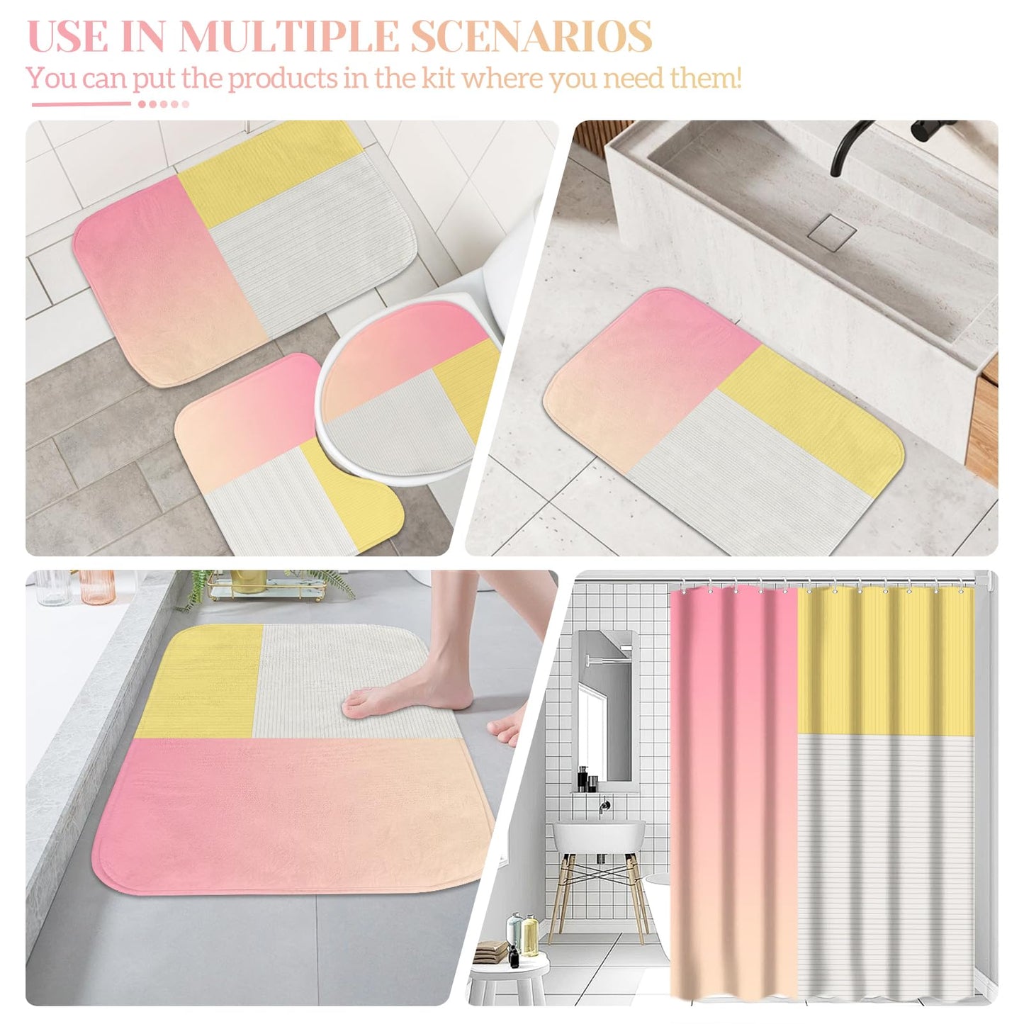 4 Pcs Pink Yellow Beige Bathroom Sets with Shower Curtain Set and Non-Slip Rugs for Bathroom, Modern Bathroom Shower Curtain Sets with Rugs and Accessories