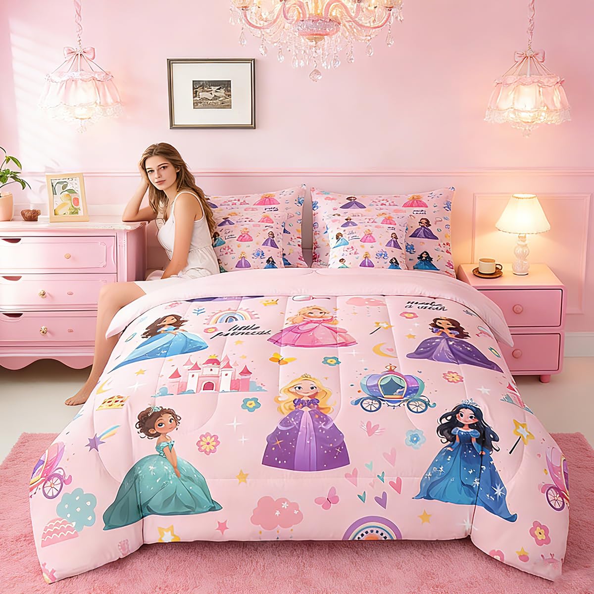 jejeloiu Kids 7 Piece Princess Bedding Set Twin Size Pink Castle Bed Set Includes Comforter, Sheet Set, Pillowcases & Pillow Covers Bedroom Decor Fairy Dreamy Bed in a Bag Breathable Soft