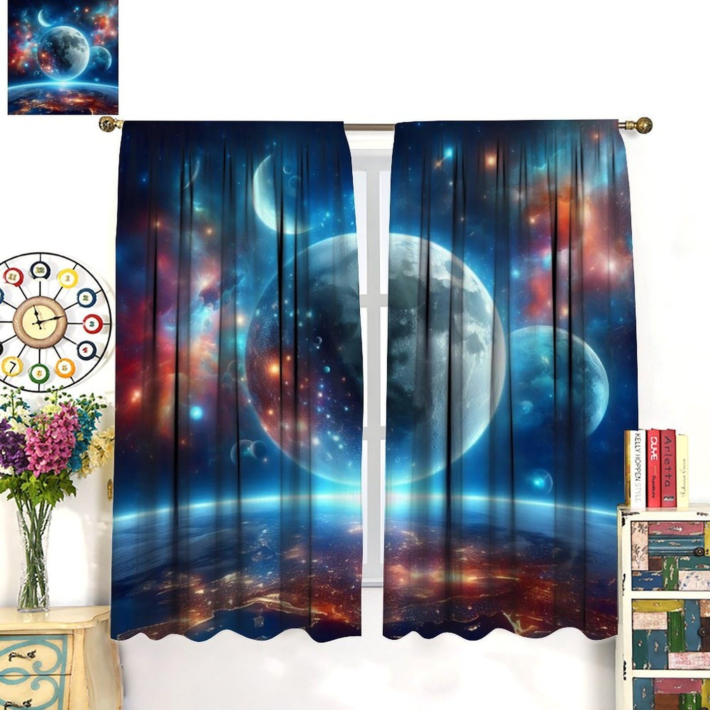 FAOTELY Galaxy Planet Curtains Earth Moon Outer Space Universe Nebula Stars Starry Sky Kids Blackout Window Drapes for Bedroom Living Room Kitchen Cafe Decor (W21xL45 Inch) x2 Panels