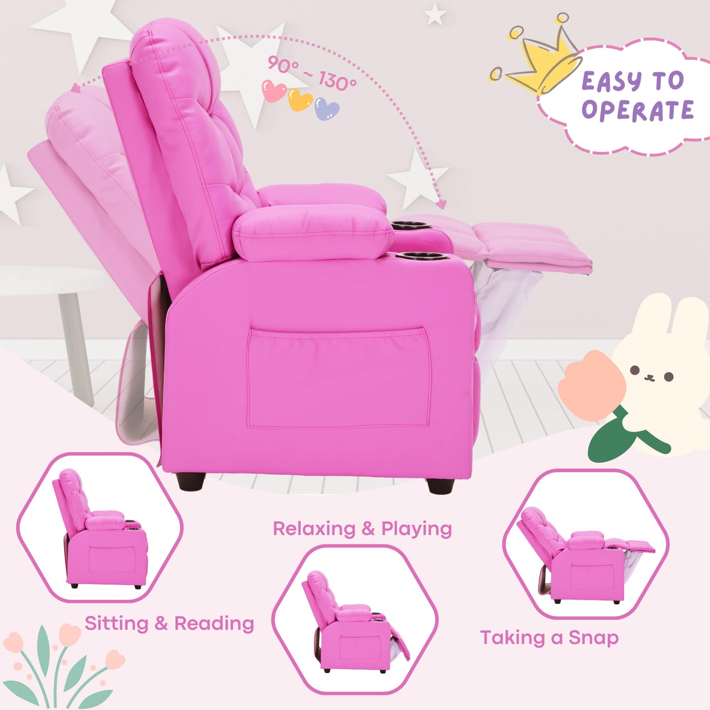 Donut Larger Kids Reclining Chair PU Leather Recliner Sofa Push Back Lounge Children Toddler Boys Girls Ages 3-12 with Dual Cup Holders and 4 Pockets