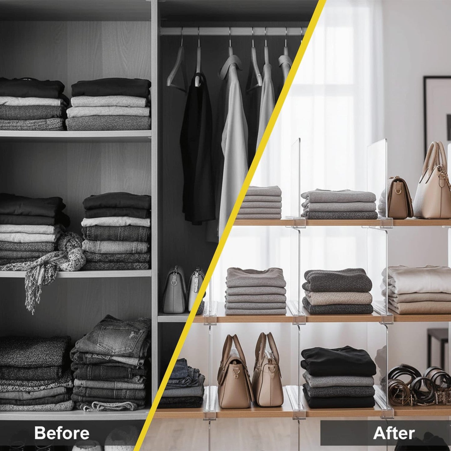 HIGH & SKY 4 Pack Acrylic Shelf Dividers for Closet Organization โ Clear Adjustable Closet Shelf Separators for Clothes, Handbags & Towels โ Durable Acrylic Shelf Dividers for Neat Shelves & Storage
