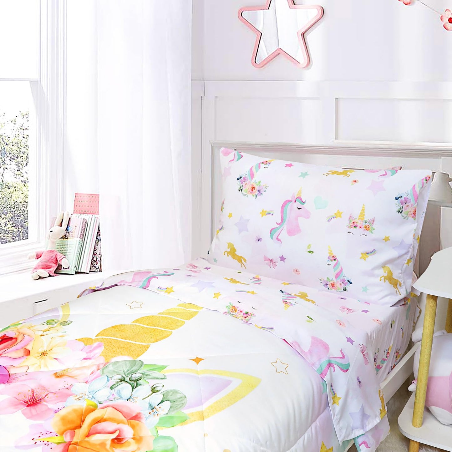 Toddler Bedding Sets for Girls, Unicorn Toddler Crib Bedding Set 4 Piece Pink Floral Toddler Comforter Set Includes Flat Top Sheet, Fitted Sheet, Comforter, Envelope Pillowcase, Soft & Comfort