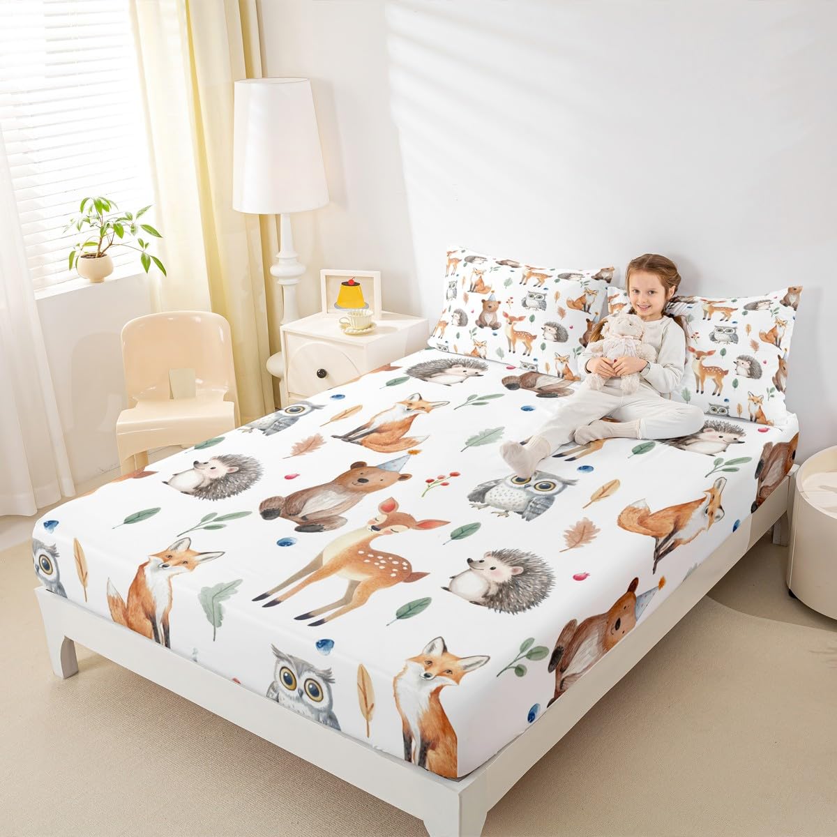 Feelyou Kids Cartoon Fox Sheet Set Cute Bear Bed Sheets Set for Boys Teens Decor Kawaii Owl Print Sheets with Deep Pocket Fitted Sheet Botanical Leaf Pattern Bedding Set Bedroom 4Pcs Full