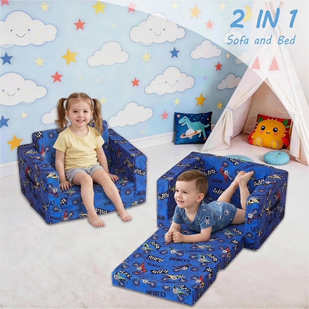 lasoftan Toddler Couch, 2-in-1 Soft Kids Couch Bed Fold Out, Toddler Chairs Comfy for Boys & Girls, Convertible Kids Sofa to Lounge for Playroom, Gift for Birthday, Children's Day - Blue Motorcycle