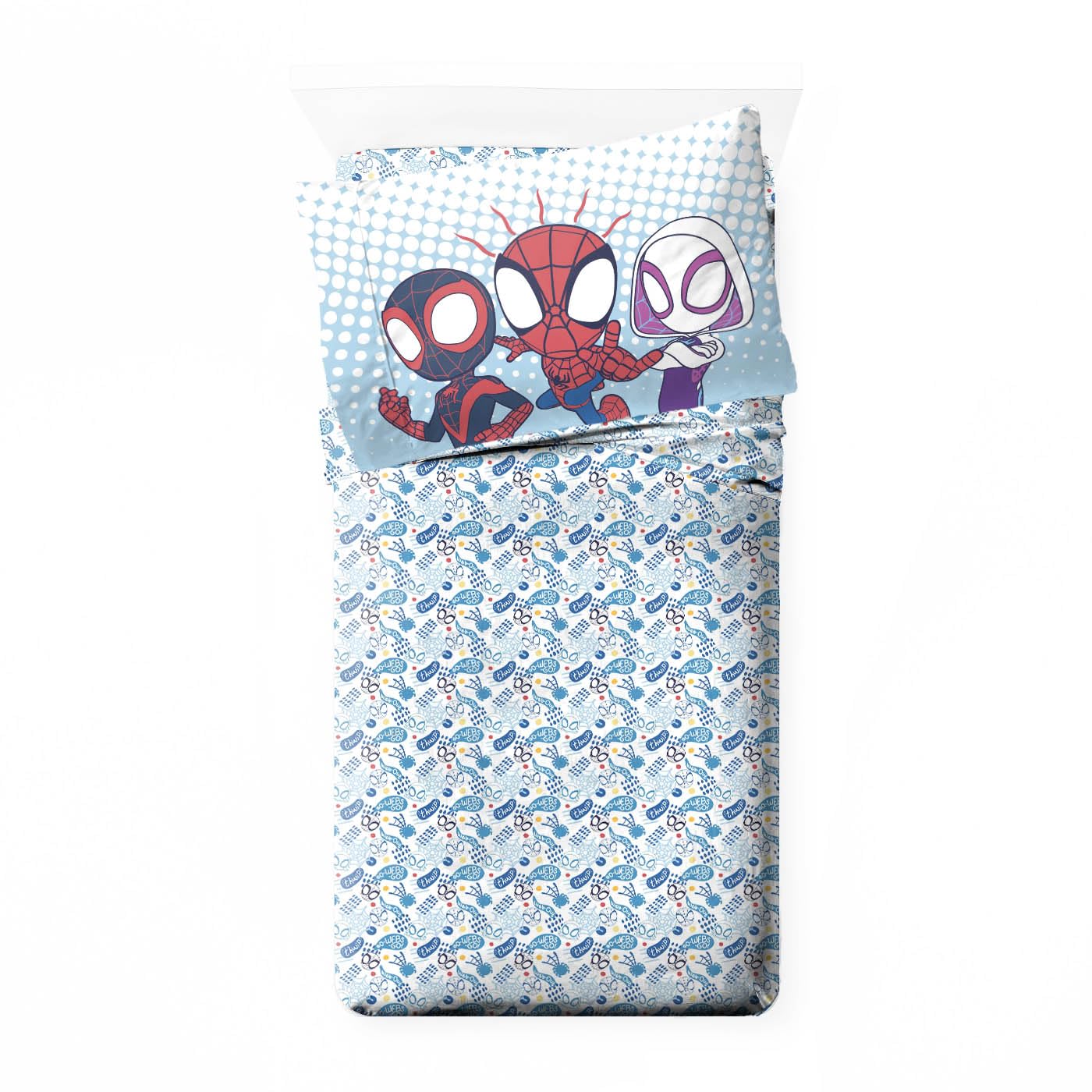 Jay Franco Kids Comforter Set Includes Sheets and Pillow Covers - Soft and Cozy Bed Set for Stylish Room Decor, Light Blue - Spidey & His Amazing Friends, 4 Piece Toddler
