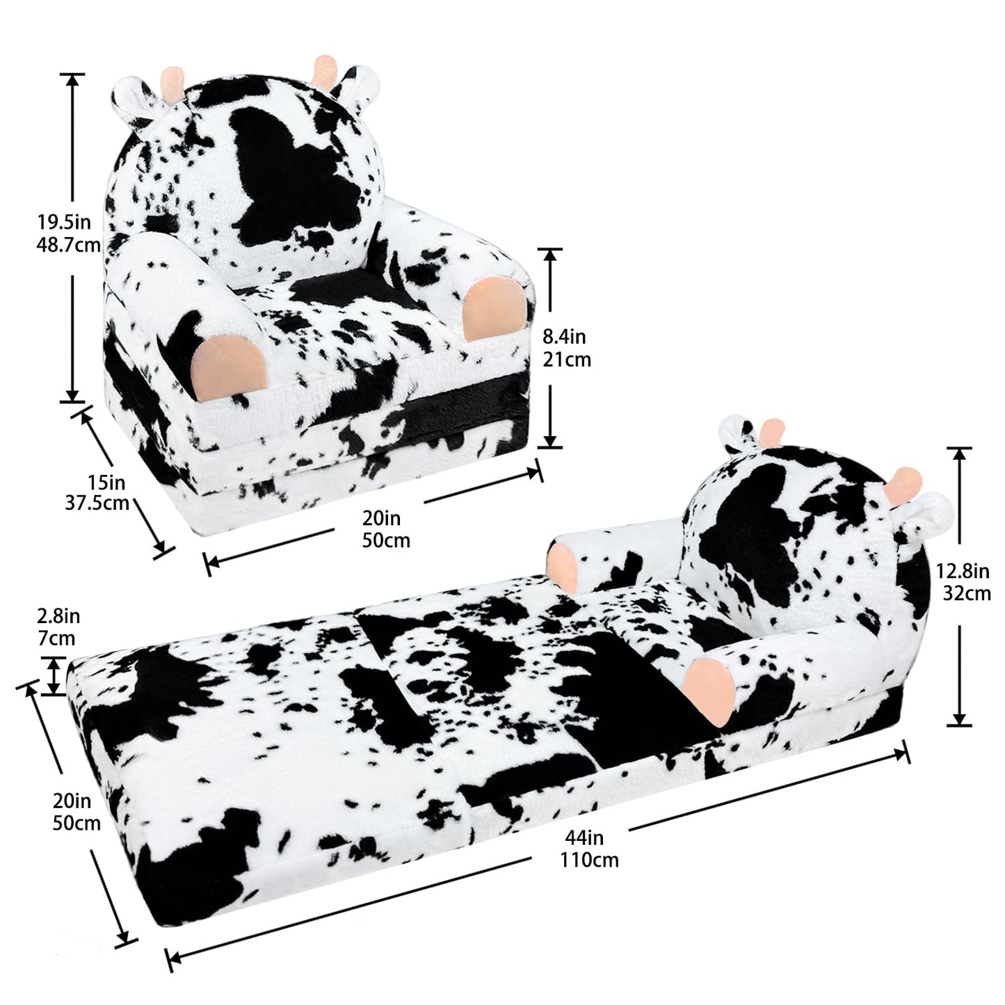 QIUODO Toddler Chair with Faux Rabbit Fur – 2-in-1 Foldable Kids Couch, Soft Sofa for Reading, Bedroom or Playroom Use, Ages 1-3(Cow)