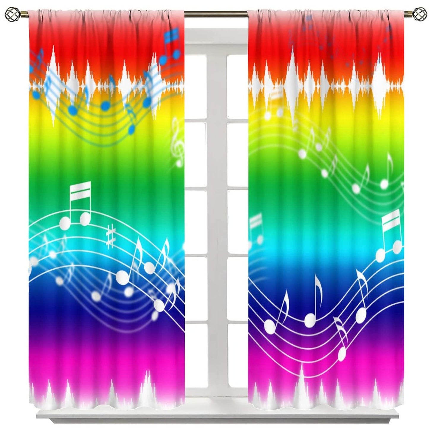 Music Curtains,Sound Art Music Note Colorful Pattern Polyester Fabric Window Drapes for Bedroom Living Room Music Room Window Drapes 2 Panel Set,Total Size 42" x 45"