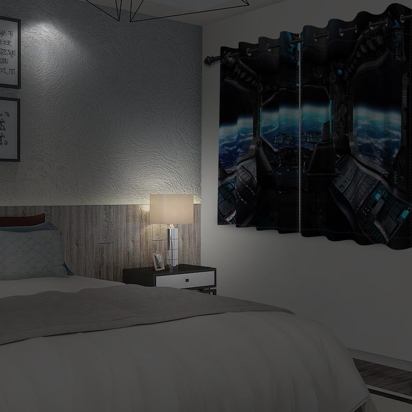 Renaiss Spacecraft Interior Window Curtains Futuristic Spaceship Cockpit Window Treatments Outer Space Earth View Blackout Drapes for Bedroom Living Room French Door Decor 42x84 Inches x 2 Panels