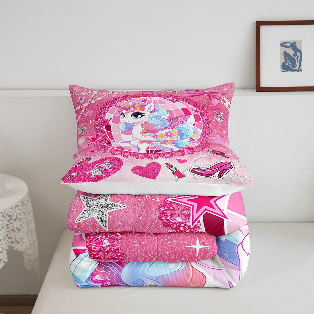 Cartoon Unicorn Kids Comforter Set Queen Size,Bowknot High-heeled Shoes Lip Romantic Bedding Set,Girls Women Room Decor,Stars Sparkling Princess Down Comforter,Pink Cute Duvet Insert,2 Pillowcases