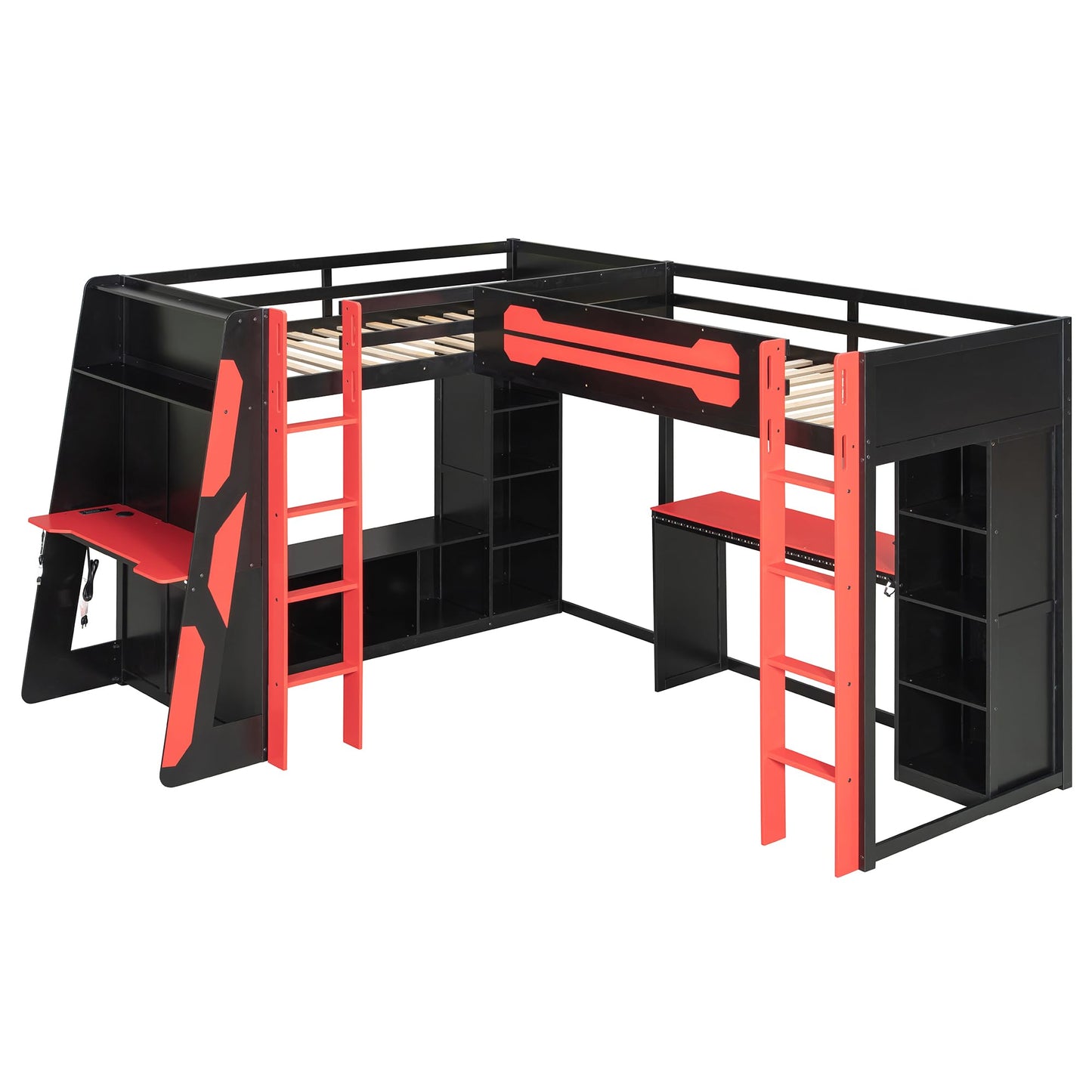 HRJHLucky Twin Size L-Shaped Gaming Loft Bed with RGB LED Lights, USB Ports, TV Stand and Dual Beds, Wood Loft Bed Frame with Desk and Storage Shelves (Red)