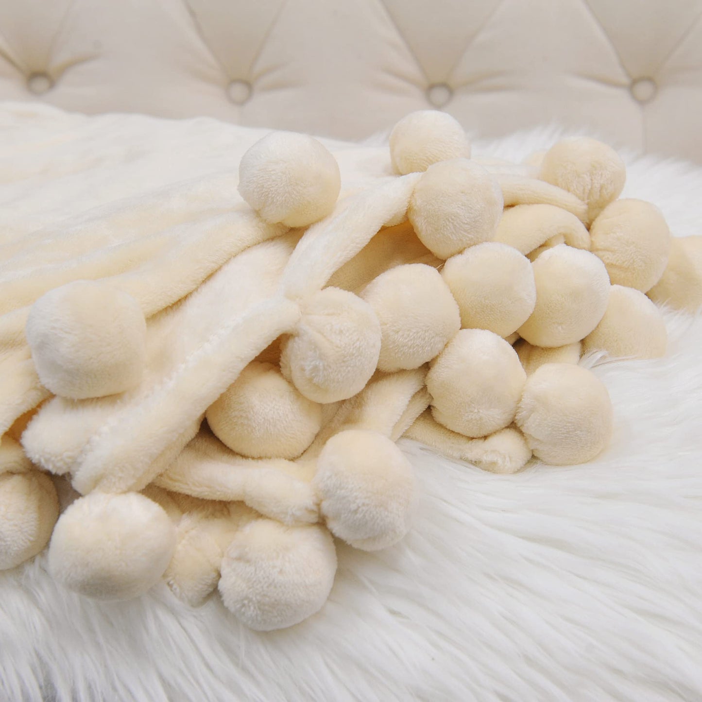 Home Soft Things Pompom Bed Couch Throw Blanket, 50'' x 60'', Antique White, Fuzzy Soft Comfy Warm Decorative Throw Blanket for Living Room Bedroom Suitable for All Seasons