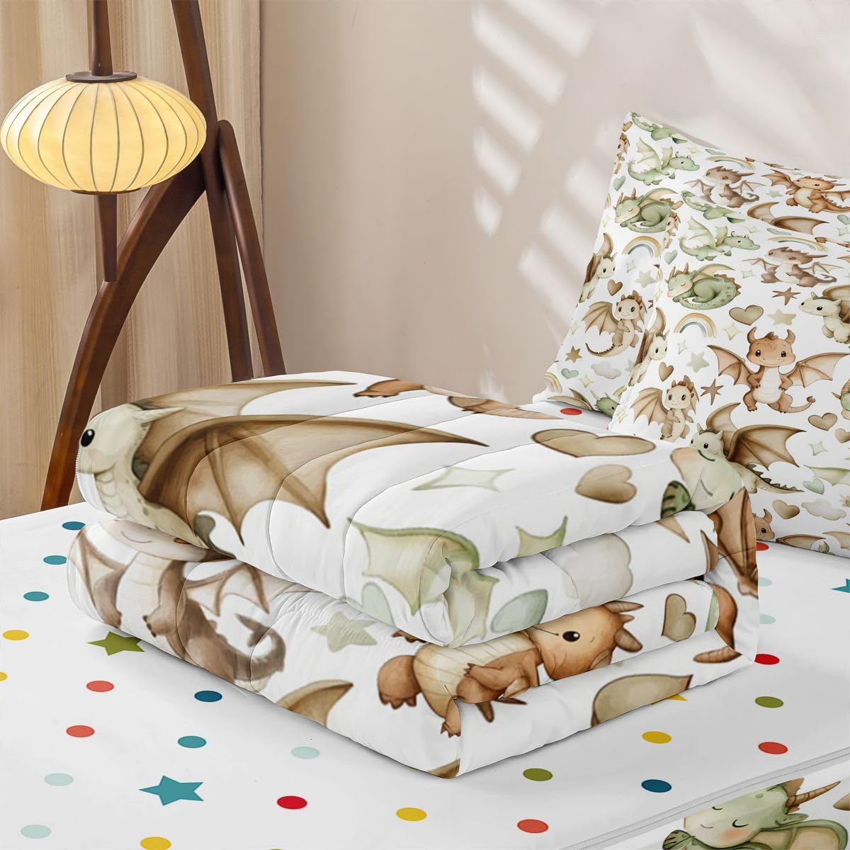 Erosebridal Dragon Zipper Bedding Set Twin Nursery Green Brown Dragons Zip Up Comforter Set with Sheets Kids Boys Girls Cartoon Animals Bed in a Bag Stars Rainbow Heart Pattern Bed Sets