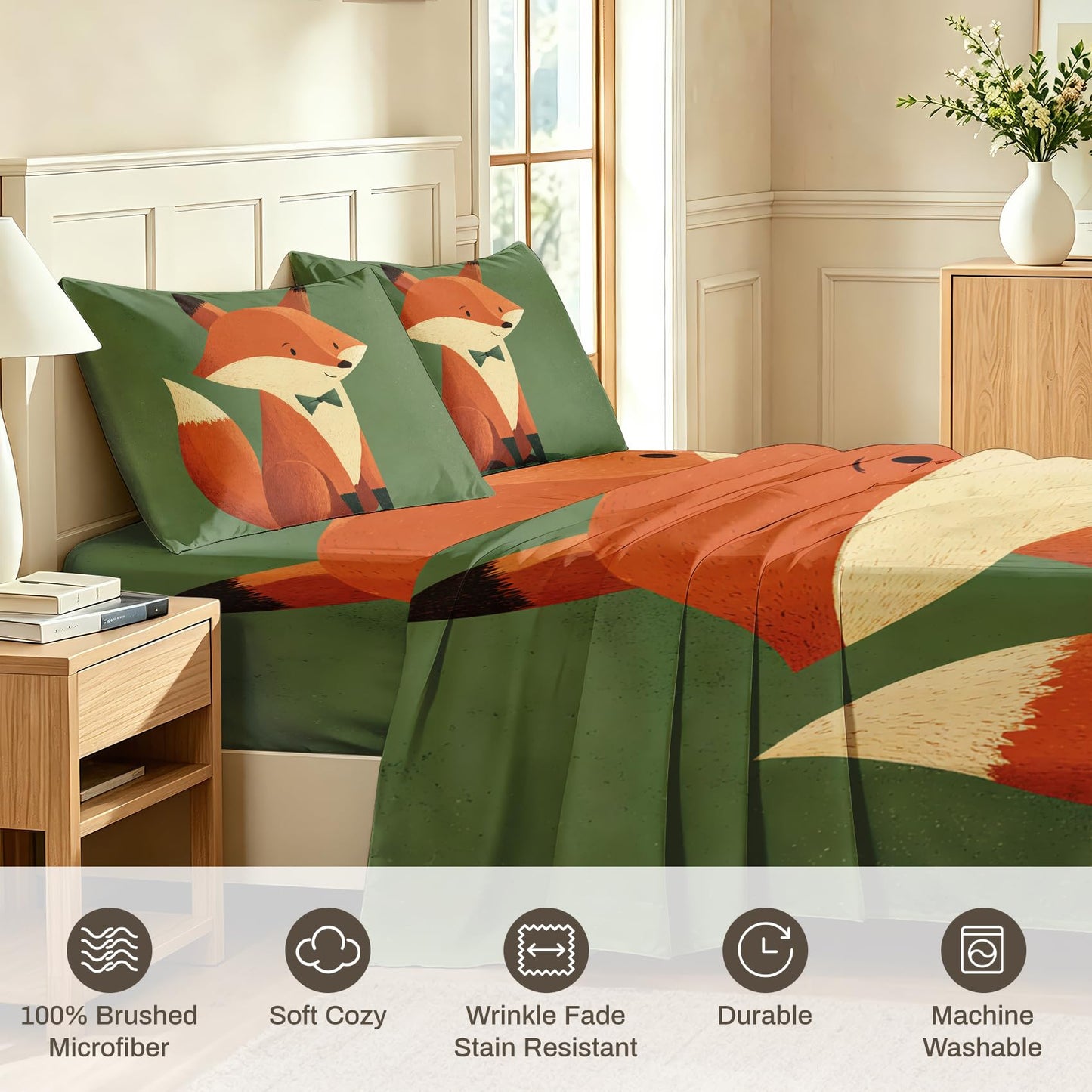 Fox Twin Bedding Set Cartoon Animal Sheet Sets, Orange Green