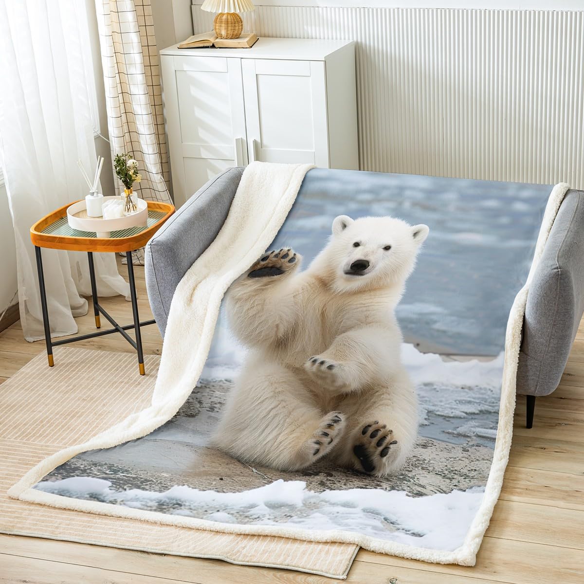 Feelyou Polar Bear Throw Blanket Cute Baby Bear Blanket White Bear Duvet Cover for Kids Boys Girls Polar Animal Pattern Fleece Blanket Snowy Winter Decor Room Decor Sherpa Blanket Throw 50"x60"