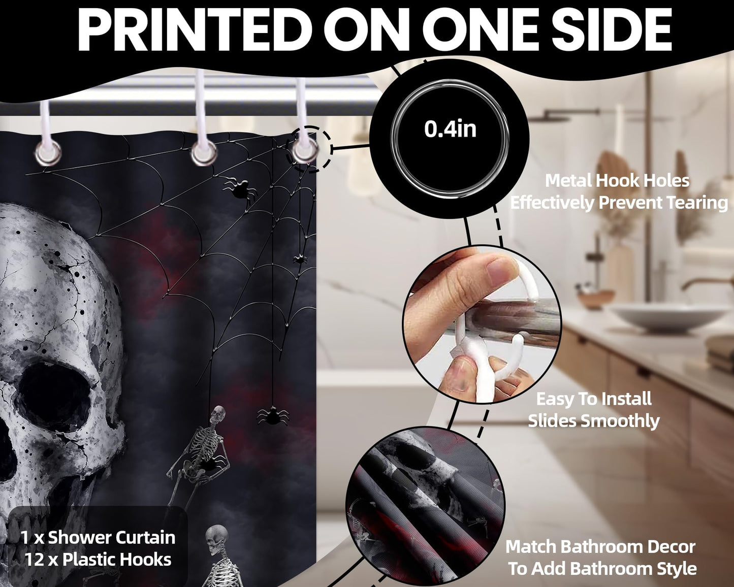 Keeuy Skull Gothic Shower Curtain, Red and Black, 72 x 72 Inch