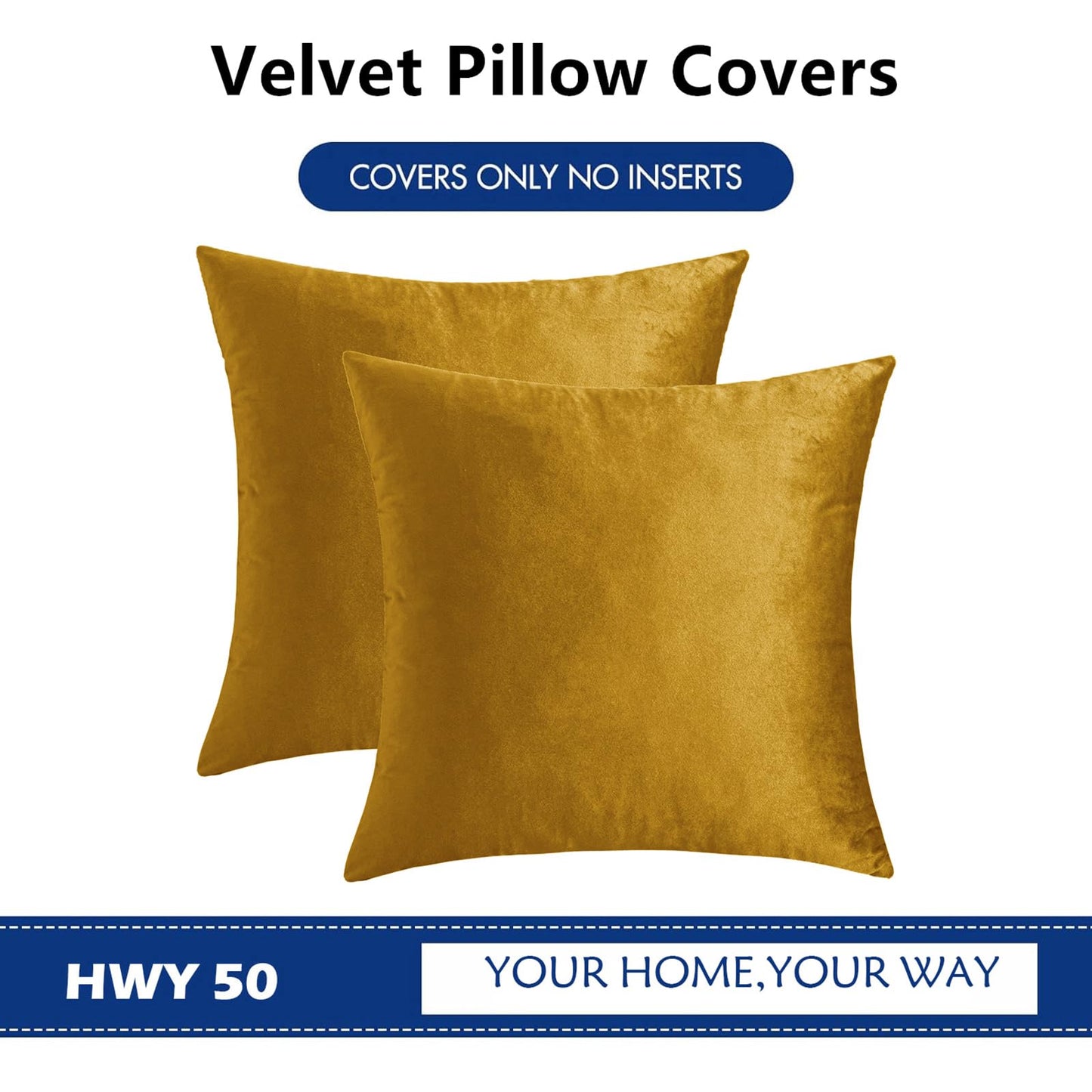 HWY 50 Dark Gold Velvet Throw Pillow Covers 16x16 Inch, Pack of 2 Soft Cozy Solid Decorative Luxury Cushion Cases for Couch Sofa Bed Living Room Bedroom