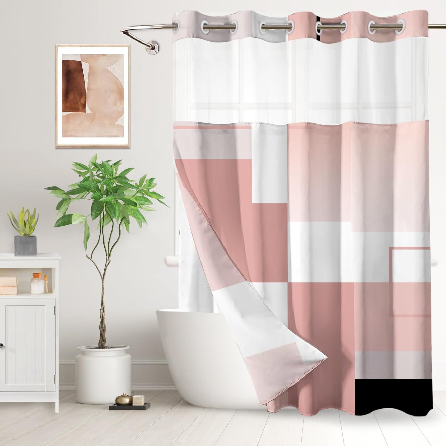 Pink Hookless Shower Curtain Set with Snap in Liner, Pink White Bathroom Decor, 71x74 Inches, Geometric Bathroom Curtain with Liner and See Through Top Window