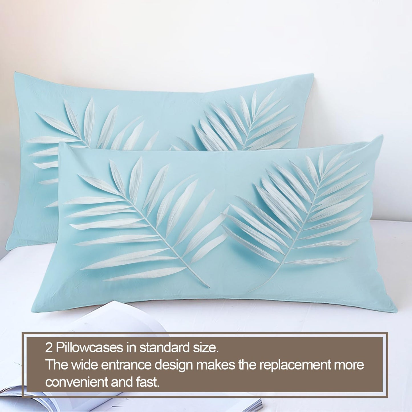 PAISUOQ Tropical Bedding Sets Full Brown Leaves Comforter Cover with Zipper Ties, Simple Blue Duvet Cover with 2 Pillowcases, 3 Pieces,Bedroom Decor & Gifts
