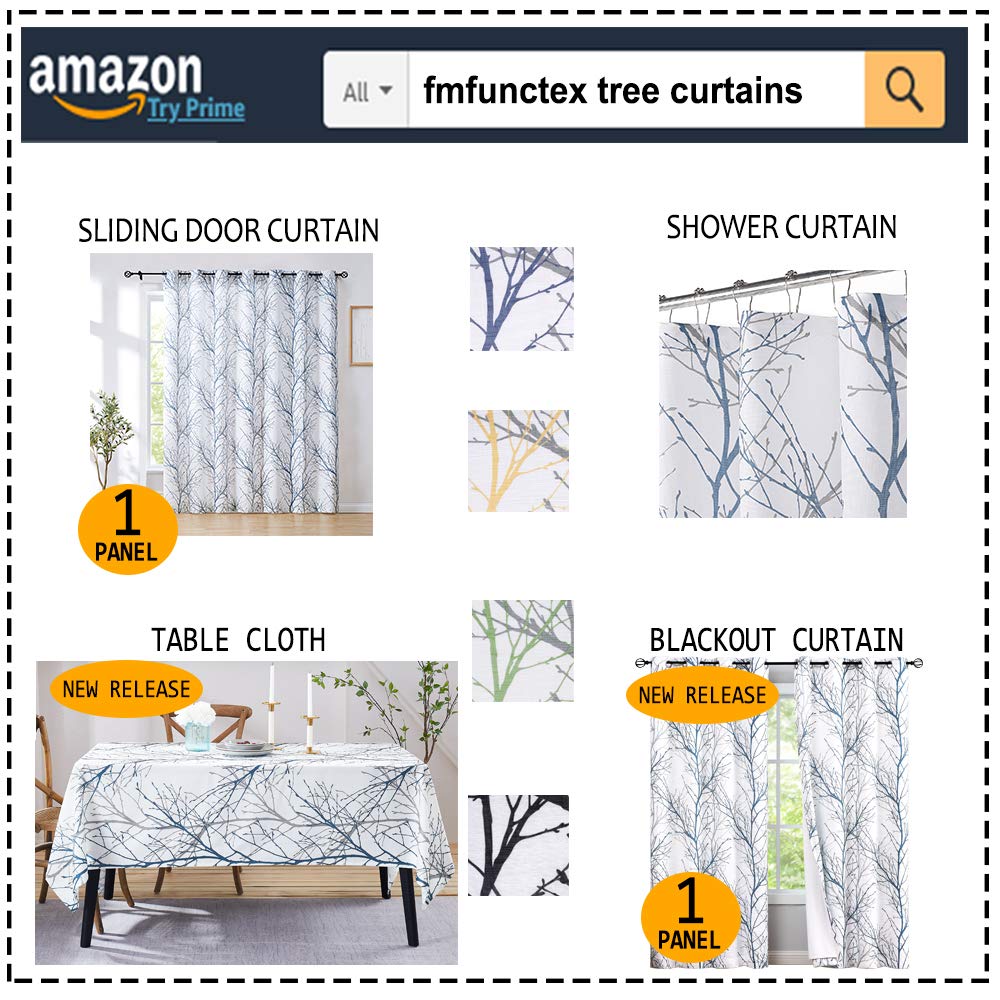 FMFUNCTEX Blue White Curtains 50" X 45" for Kitchen Living Room Tree Branch Print Wrinkle- Free Small Linen Texture Semi Sheer Window Panels for Bedroom 2 Panels, Grommet Top