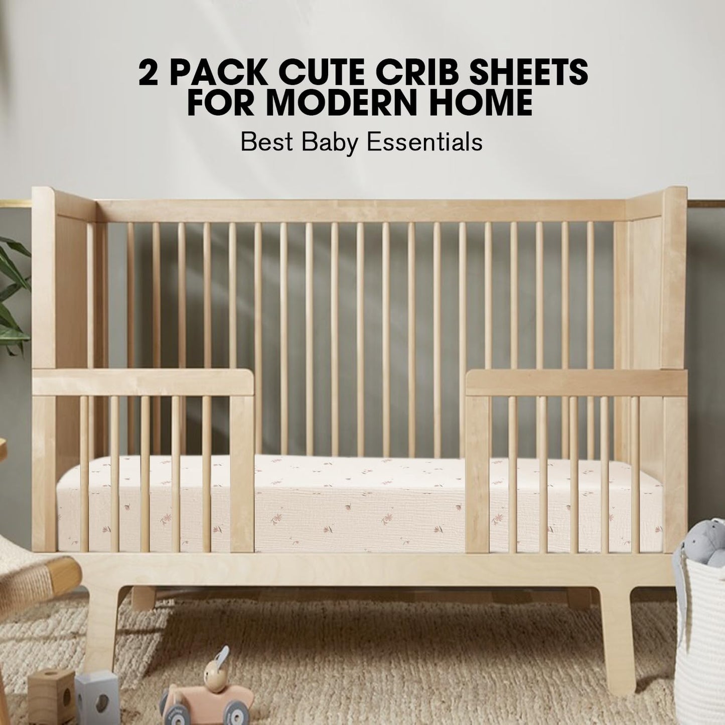 Little Grape Land Muslin Crib Sheets Fitted for Boys and Girls 2 Pack, 100% Cotton Baby Bed Sheets Soft Breathable, Neutral Fitted Baby Mattress Sheets for Standard Crib 52x28 inches, Fog Flower