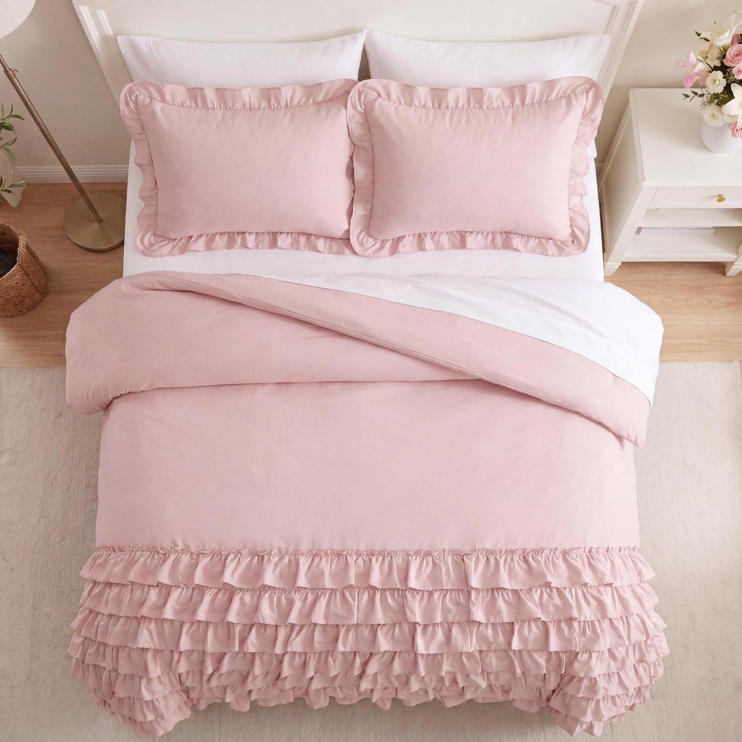 Bedorm 100% Cotton Duvet Cover Set King Pink Ruffle Bedding Set Multi-Layers Ruffled Design Shabby Chic Duvet Cover 3Pcs Soft Breathable Cotton Bed Set
