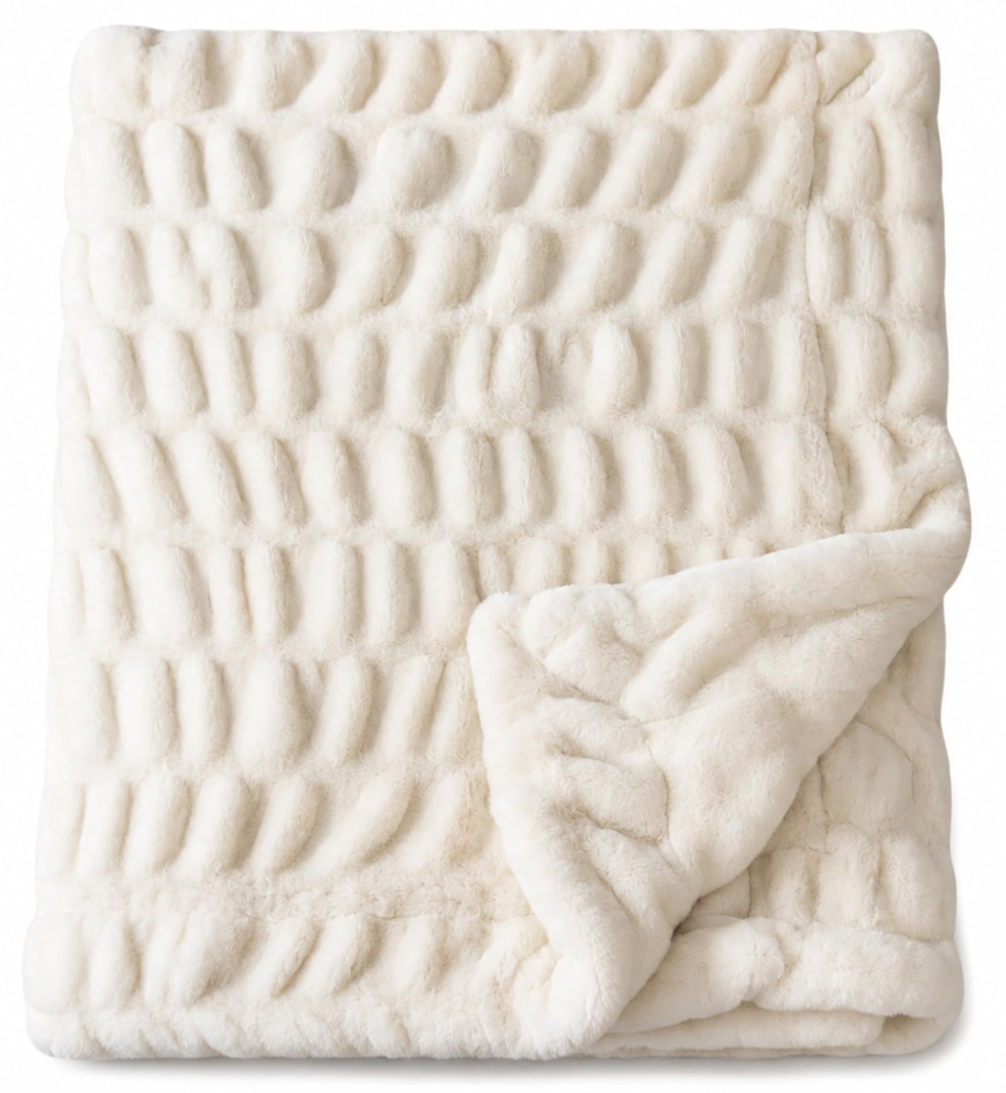 Raelee Luxury Faux Rabbit Fur Throw Blanket, Ultra Soft Double Sided Fluffy Plush Throw for Couch, Bed, Chair, Thick Warm Cozy Decorative Bubble Throw Blanket, Ivory White, 50x60