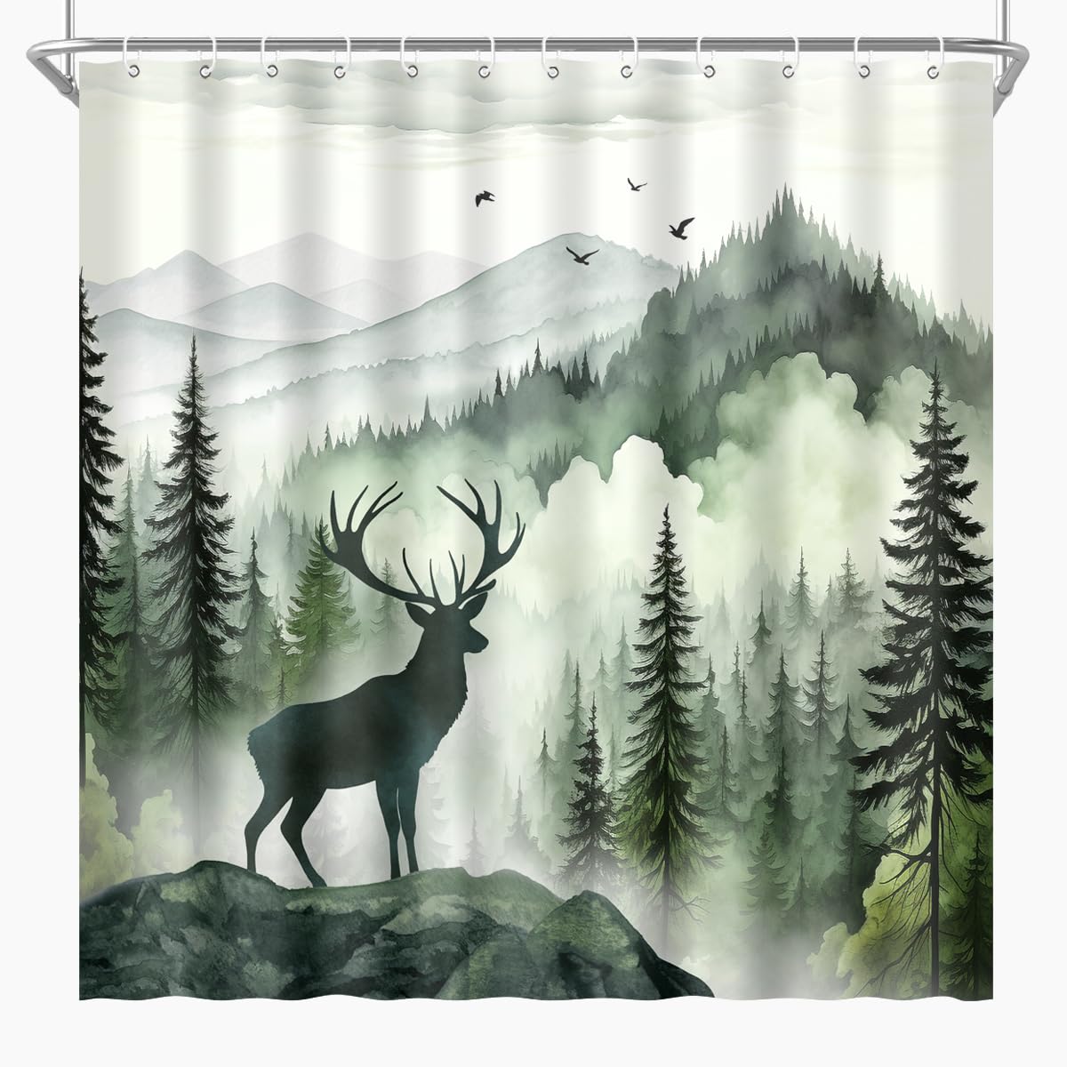 BIYSUC Misty Forest Deer Shower Curtain Nature Mountain Landscape Woodland Animal Bathroom Home Decor Waterproof Polyester Fabric 72Lx72W Inch with Hooks