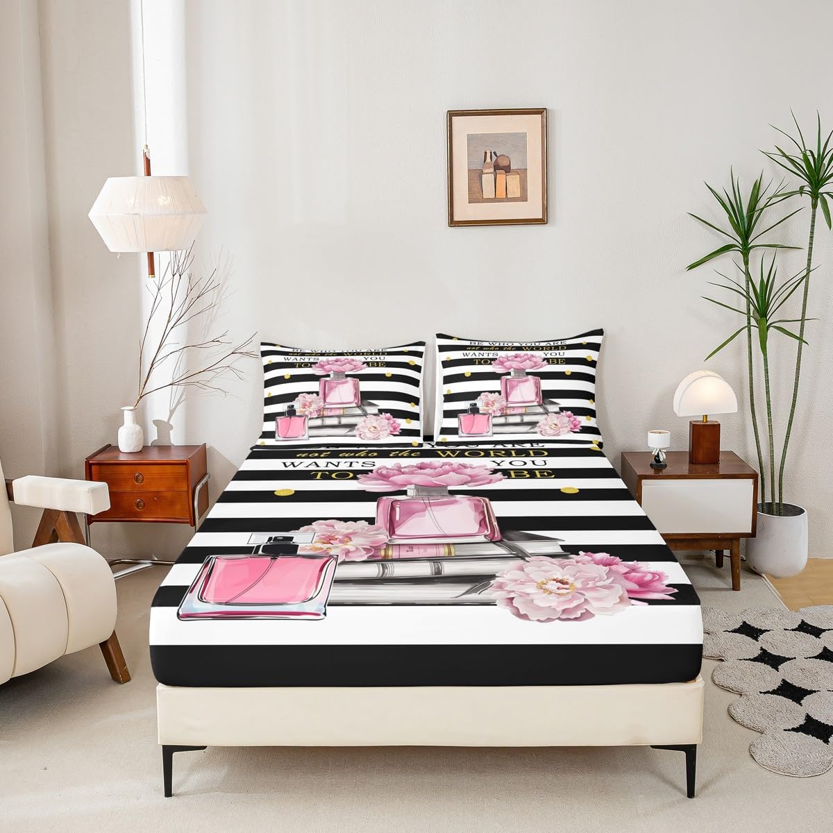 Erosebridal Pink Floral Bed Sheets King Size for Girls Kids Teens Girly Cute Modern Fashion Sheets Boho Black and White Striped Sheet Set Inspiring Women Perfume Preppy Coquette Bow Bedding Set