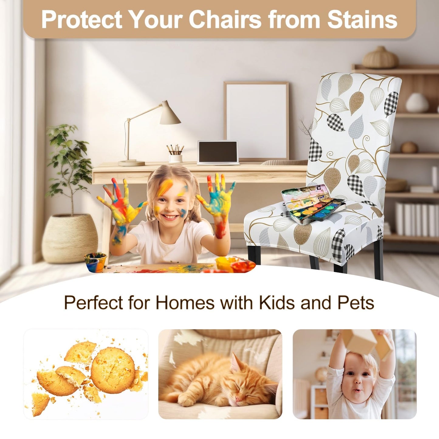 SearchI Dining Room Chair Covers Set of 4, Stretch Printed Floral Parsons Chair Slipcovers Removable Washable Kitchen Chair Protector Cover for Dining Room, Hotel, Ceremony (Checked Leaf Pattern)