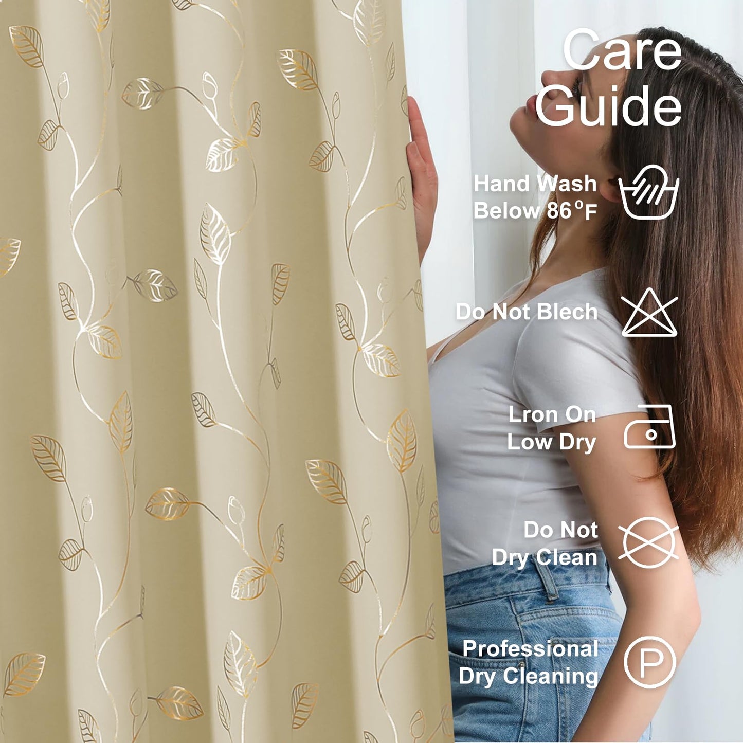 BUHUA Heat Blocking Curtains, Black Out Curtains 63 Inch Long 2 Panels Burg, Soundproof Curtains with Gold Leaf Printed (52 x 63 Inch, Beige, Set of 2 Panels)