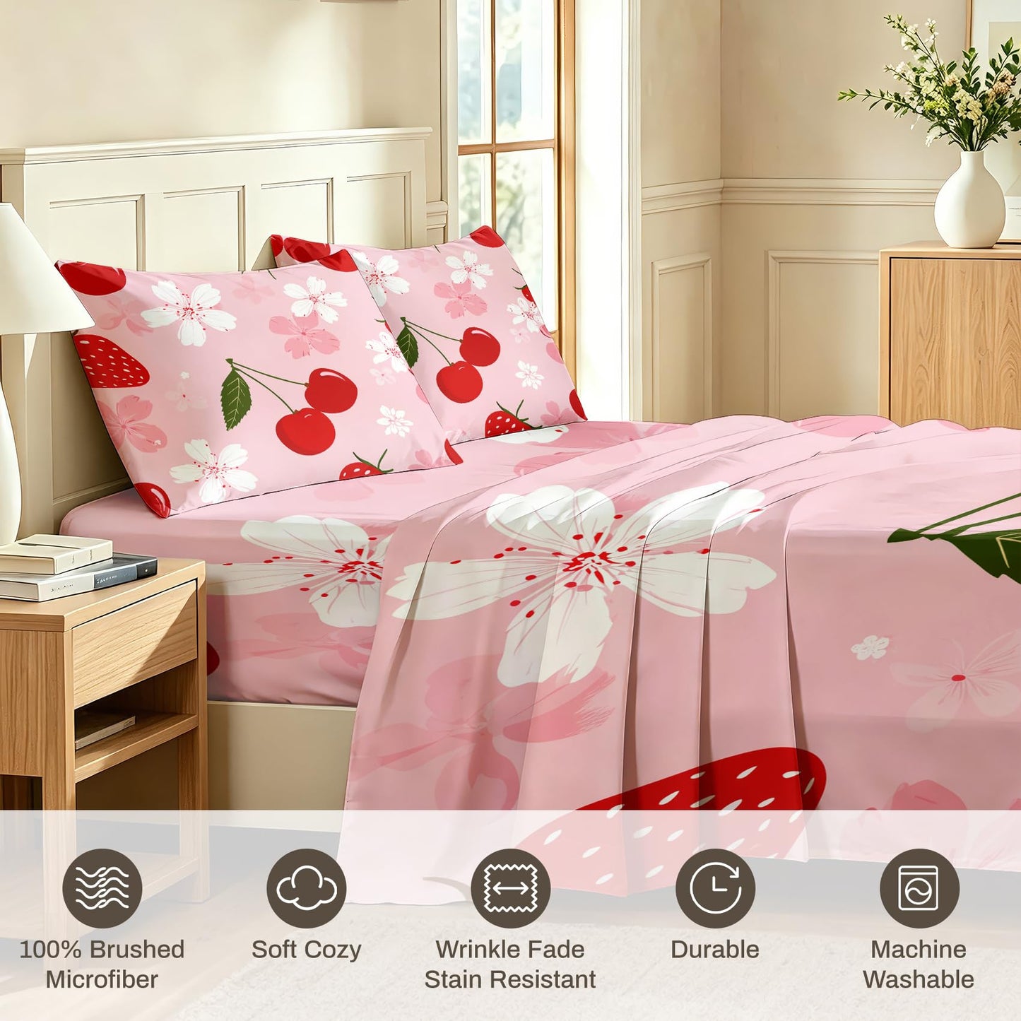 Cherry Blossom Sheet Set, 4 Pcs Full Size Girls Pink Bed Sheets