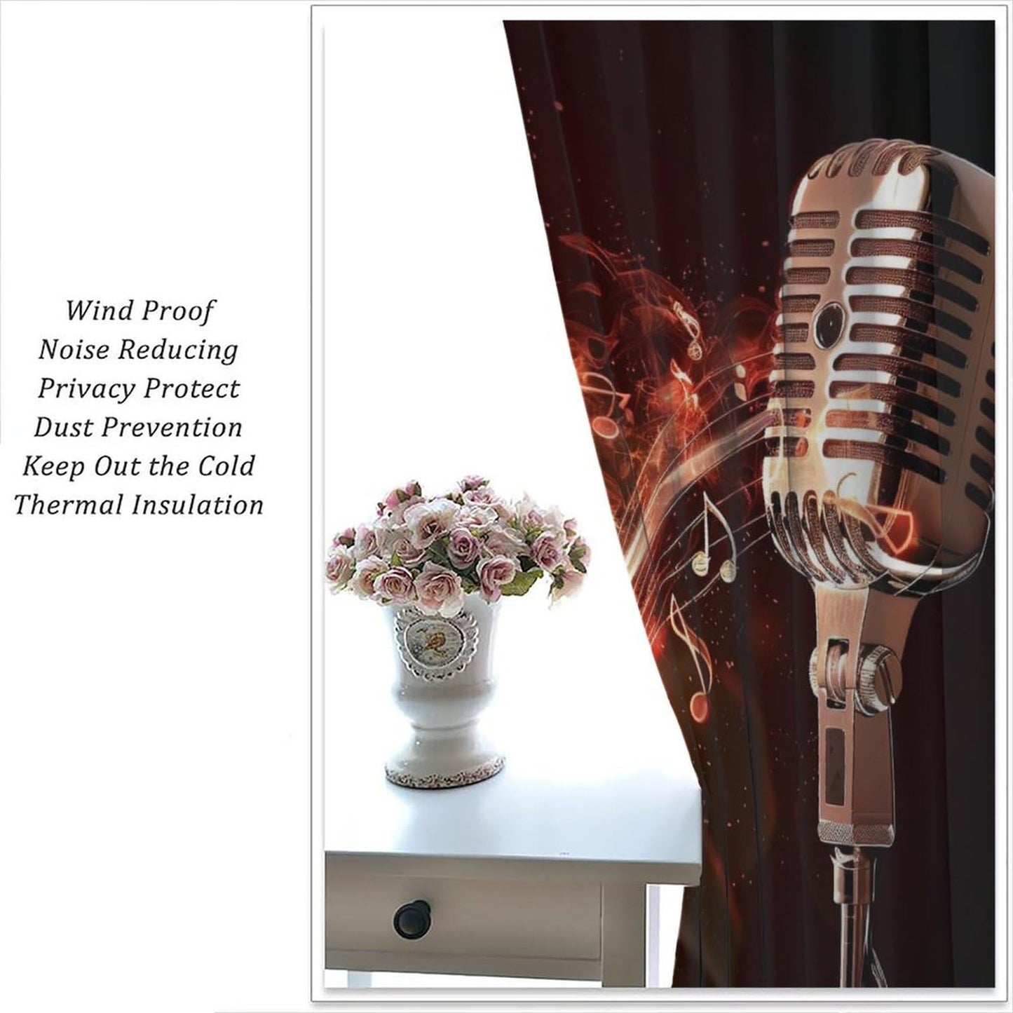 wlsgdsg Music Curtains Retro Cool and Trendy 3D Flame Art Microphone Music Notes Windows Treatments Rod Pocket Drapes for Kids Boys Girls Living Room Bedroom 42x44.5In(No Blackout)