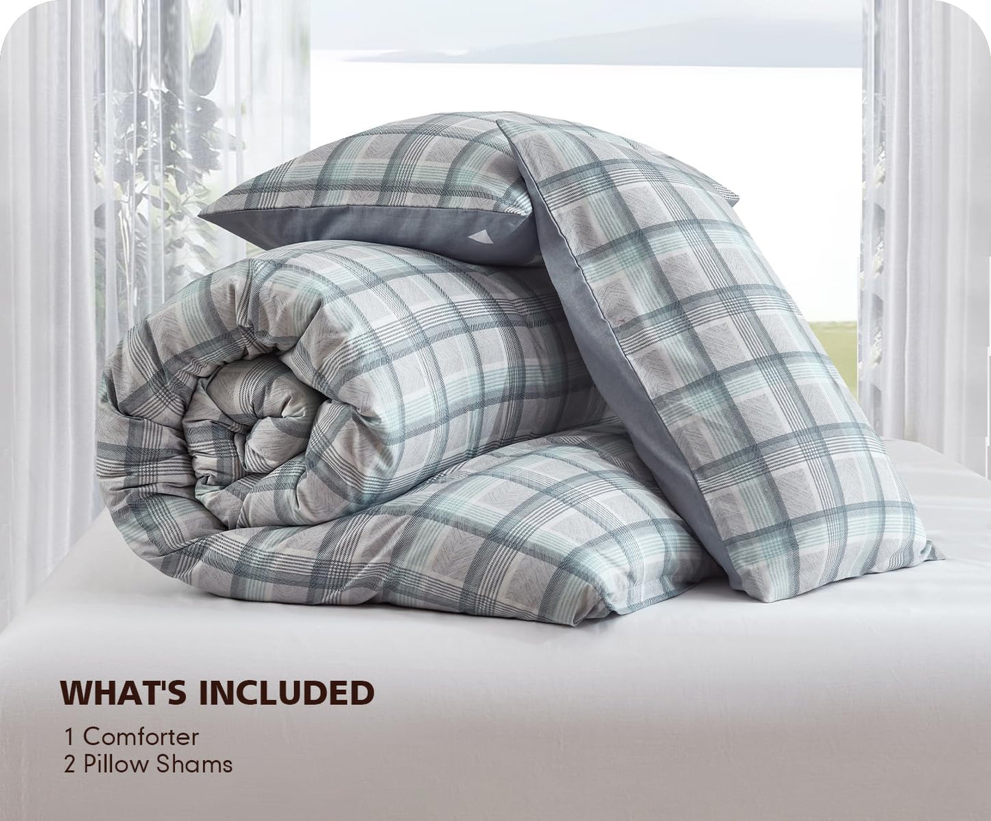SLEEPBELLA Comforter King Size, 600 Thread Count Cotton Reversible Grey Buffalo Pattern Grey Plaid Comforter Sets,Down Alternative Bedding Set 3Pcs (King, Grey Plaid)