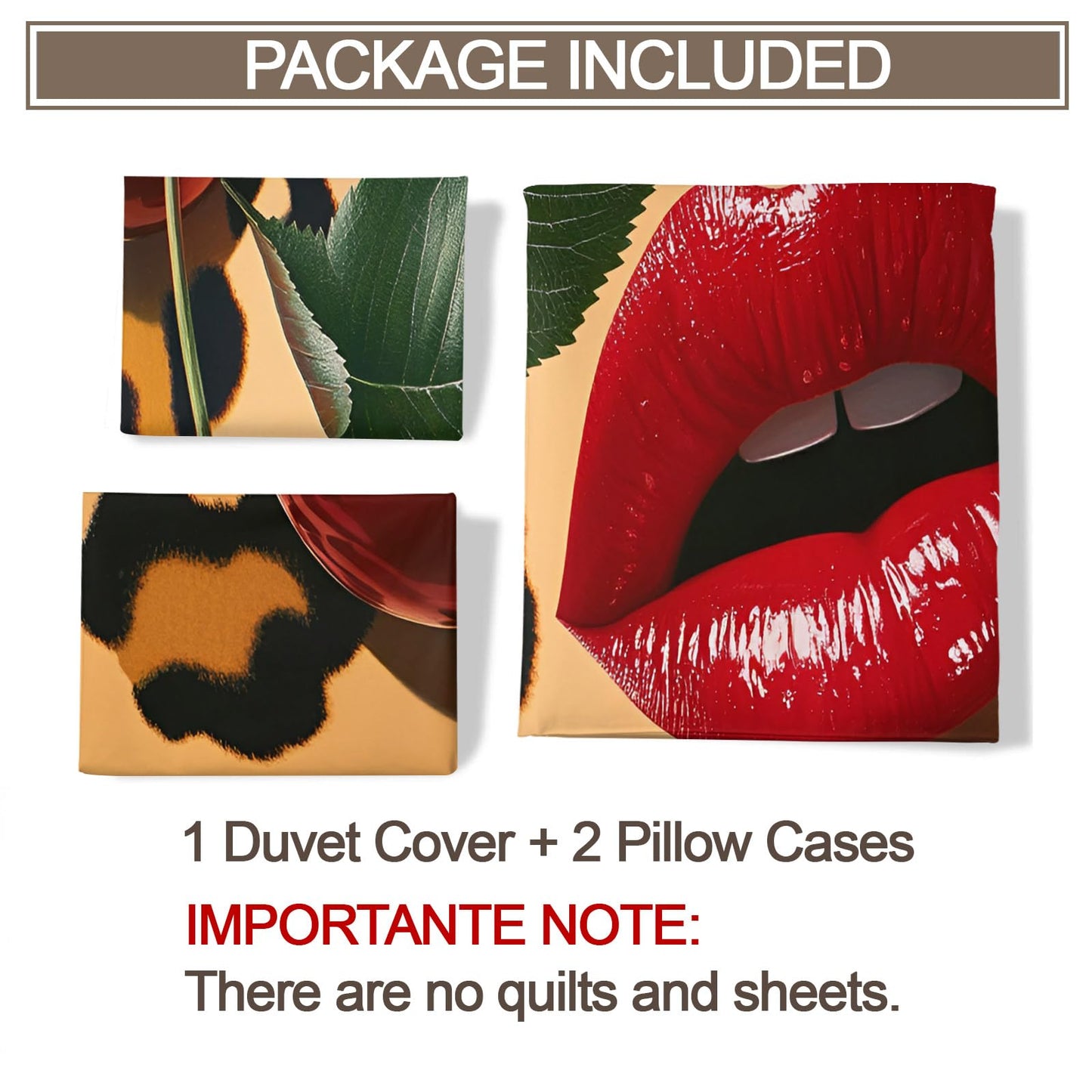 GKPLY Leopard Print Duvet Cover Queen, Pop Art Lips Bedding Set & Home Decor, Retro Fruit Comforter Set, Zipper & Ties, Reversible Print, Fashion Bedding Duvet Cover & 2 Pillow Cases,
