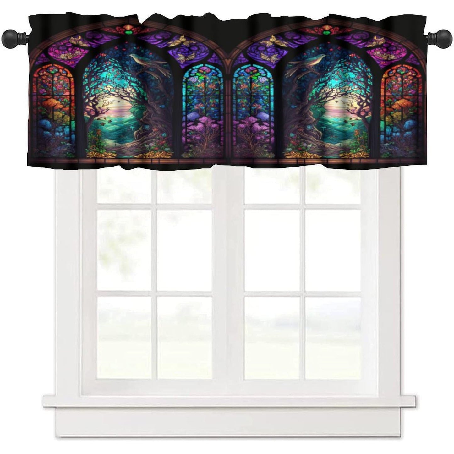 Stained Glass Blackout Window Valance Curtain, Autumn Forest Mosaic Art Beautiful Nature Scenery Stained Glass for Home Kitchen Livingroom Coffee Room Window Valance 1 Panel 54x18inch