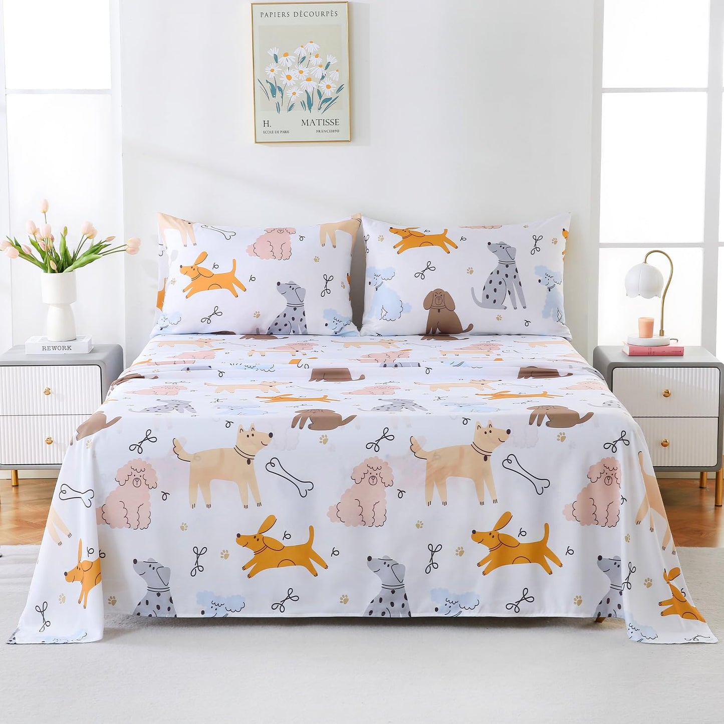 ChicView Queen Sheet Set Kids,4 Pieces Breathable Soft Microfiber Bedsheets for Child Boys Girls, Anti Pilling Deep Pockets Easy Care Bed Sheets, Puppy