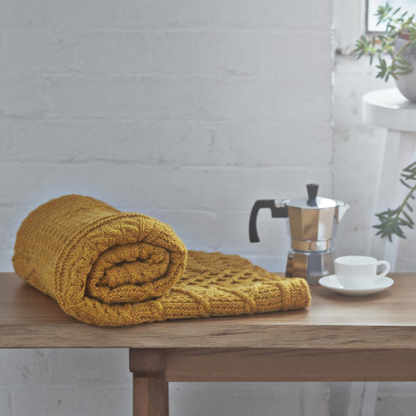 Aran Woollen Mills Patchwork Blanket, 100% Merino Wool, Cable Throw Blanket for Couch or Bed, Made in Ireland, Keel, Yellow, 40" x 60" (102 x 152 cm)